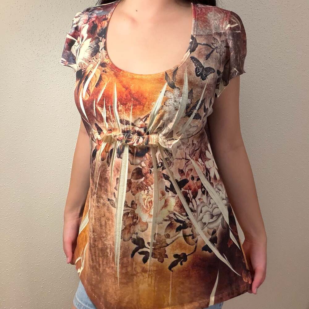 B.L.E.U. Women's Brown and Orange Floral Butterfly Print Embellished
